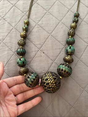 Bohemian Green and Antique Gold Filigree Bead Necklace